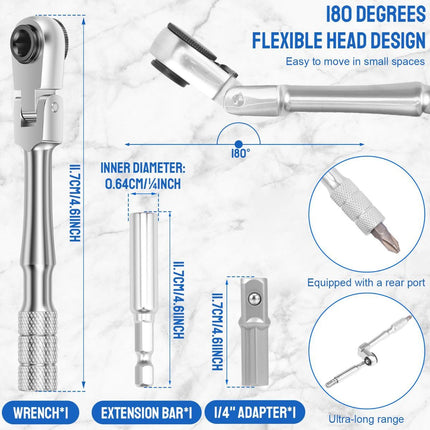 1/4" Flex Head Ratchet, Mini Ratchet Wrench with Extension Bar and Sokcet Adapter, Suits Standard 1/4" Hex Bits, Portable and Versatile Repair Tool for Tight Spaces Only Wrench