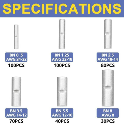 420PCS Non-Insulated Butt Connectors Kit - 6 Sizes BN0.5 to BN8