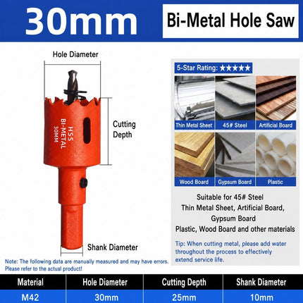 30mm Bi-Metal M42 High Speed Steel Hole Saw with Pilot Drill Bit
