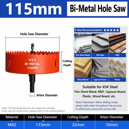 115mm Bi-Metal M42 High Speed Steel Hole Saw with Pilot Drill Bit
