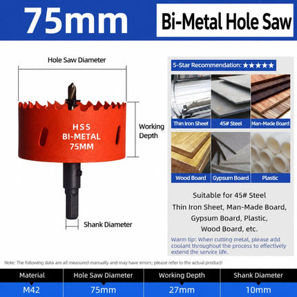 75mm Bi-Metal M42 High Speed Steel Hole Saw with Pilot Drill Bit