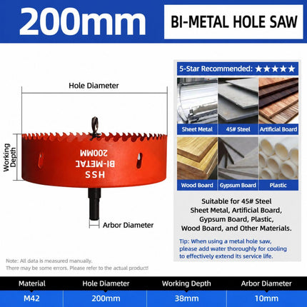 200mm Bi-Metal M42 High Speed Steel Hole Saw with Pilot Drill Bit