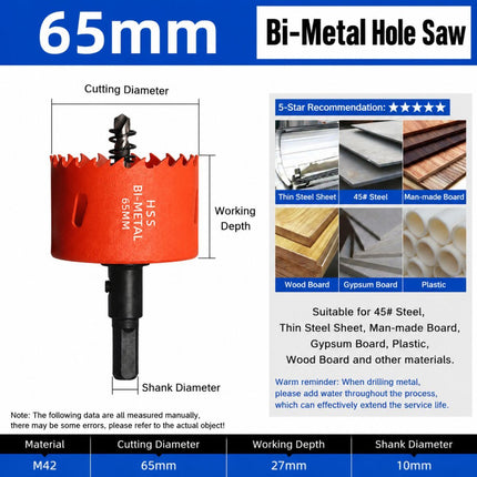 65mm Bi-Metal M42 High Speed Steel Hole Saw with Pilot Drill Bit
