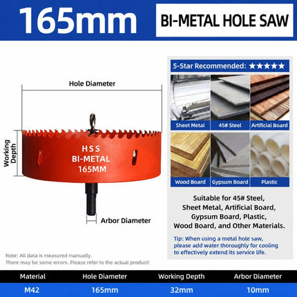 165mm Bi-Metal M42 High Speed Steel Hole Saw with Pilot Drill Bit