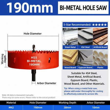 190mm Bi-Metal M42 High Speed Steel Hole Saw with Pilot Drill Bit