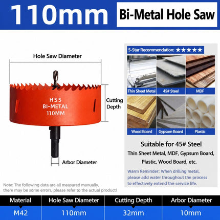 110mm Bi-Metal M42 High Speed Steel Hole Saw with Pilot Drill Bit
