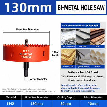 130mm Bi-Metal M42 High Speed Steel Hole Saw with Pilot Drill Bit