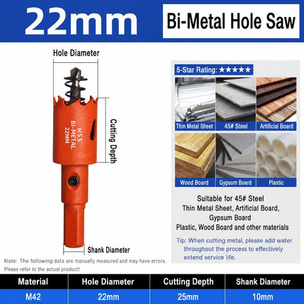 22mm Bi-Metal M42 High Speed Steel Hole Saw with Pilot Drill Bit
