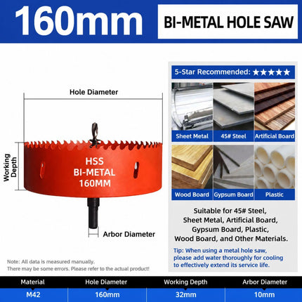 160mm Bi-Metal M42 High Speed Steel Hole Saw with Pilot Drill Bit