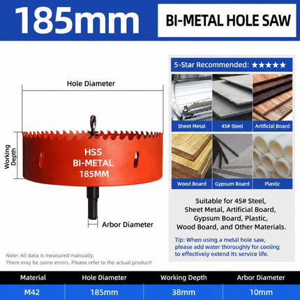 185mm Bi-Metal M42 High Speed Steel Hole Saw with Pilot Drill Bit