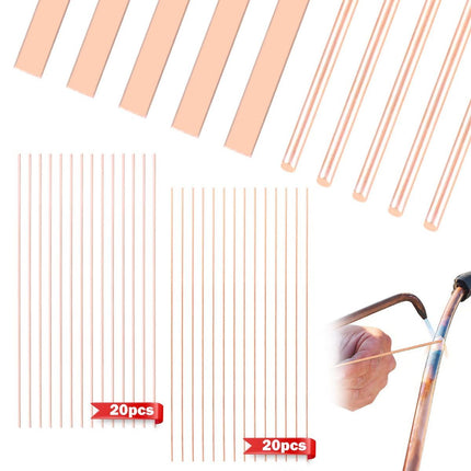 40Pcs 15% Silver Brazing Rods, Silver Solder Phos Copper Brazing Alloys Flat and Round Welding Rods for Air Conditioning Refrigerator Cold Storage HVAC Units (BCuP-2 20Pcs, BCuP-5 20Pcs)
