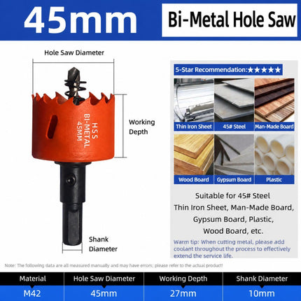 45mm Bi-Metal M42 High Speed Steel Hole Saw with Pilot Drill Bit