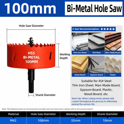 100mm Bi-Metal M42 High Speed Steel Hole Saw with Pilot Drill Bit