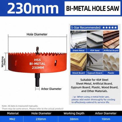 230mm Bi-Metal M42 High Speed Steel Hole Saw with Pilot Drill Bit