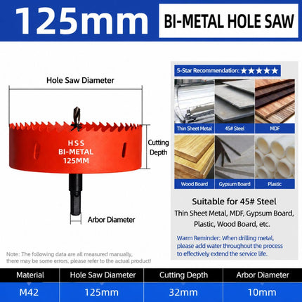 125mm Bi-Metal M42 High Speed Steel Hole Saw with Pilot Drill Bit