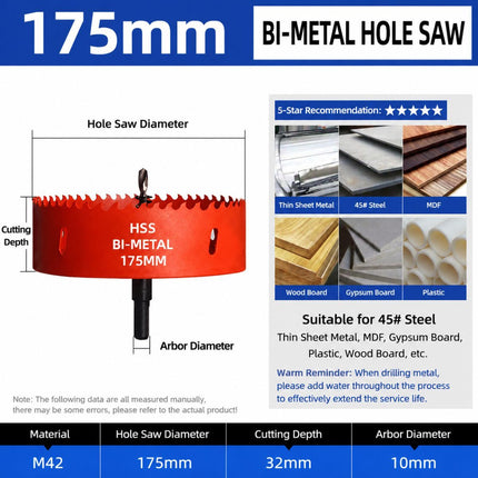 175mm Bi-Metal M42 High Speed Steel Hole Saw with Pilot Drill Bit