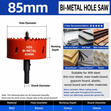 85mm Bi-Metal M42 High Speed Steel Hole Saw with Pilot Drill Bit