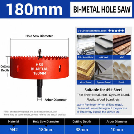 180mm Bi-Metal M42 High Speed Steel Hole Saw with Pilot Drill Bit