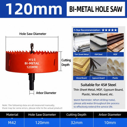 120mm Bi-Metal M42 High Speed Steel Hole Saw with Pilot Drill Bit