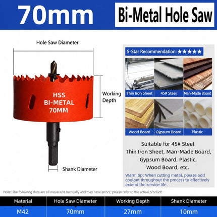 70mm Bi-Metal M42 High Speed Steel Hole Saw with Pilot Drill Bit