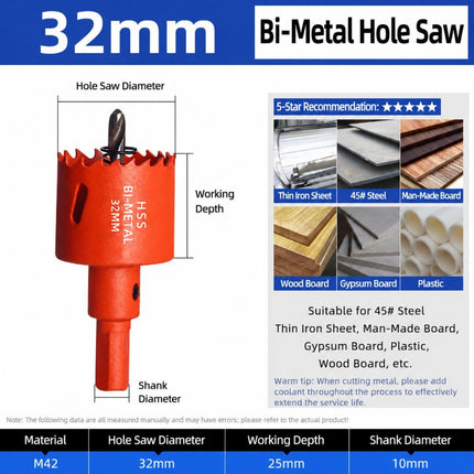32mm Bi-Metal M42 High Speed Steel Hole Saw with Pilot Drill Bit