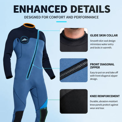 3MM Men's Full Wetsuit – 4-Way Stretch, UPF 50+, Thermal & Scratch Resistant for Diving & Surfing - Blue - Size XXL