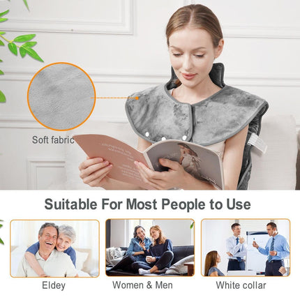 Fast Heating Electric Heating Pad for Neck and Shoulder and Back with 6 Heating Settings & 4 Timer, Large Size Heated Wrap with Auto Shut Off & Machine Washable (Silver Gray, 37x24 inch)