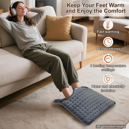 Electric Heated Foot Warmers for Men and Women 16"x16" Double Layer with 6 Temperature & 4 Timer Settings Fast Heating for Home Office Under Desk Bed Machine Washable Feet Warmers - Light Gray - Size 16in*16in