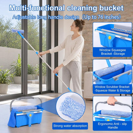 Professional Window Cleaning Kit with Bucket 3 Gallon, 76" Long Handle Squeegee and Microfiber Scrubber, High Window Washing Equipment for Indoor Outdoor, Commercial, Home, Car