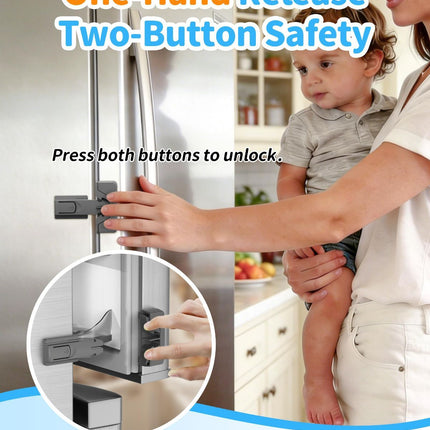 Child Safety Fridge Lock, Auto-Lock, Gray, 2-Pack | 3M adhesive with clean removal. One-hand open, self-locking. For single-door fridges. Keeps toddlers and pets out - White - Size 2 Pack