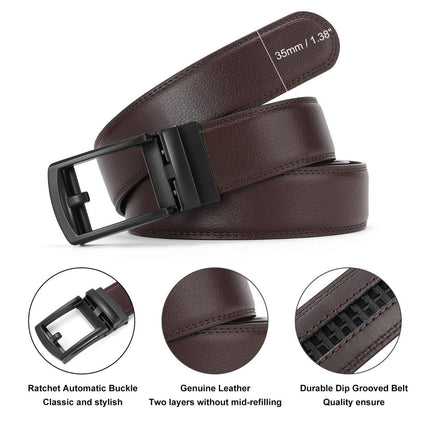 Ratchet Belt for Men Genuine Leather - Micro-Adjust Buckle Trim to Fit Dress Belt Casual to Formal Gift Boxed - Basic Black - Brown - Size 28"-44" Waist Adjustable
