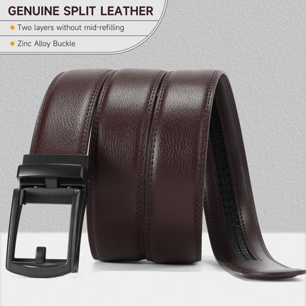 Ratchet Belt for Men Genuine Leather - Micro-Adjust Buckle Trim to Fit Dress Belt Casual to Formal Gift Boxed - Basic Black - Brown - Size 34"-40" Waist Adjustable