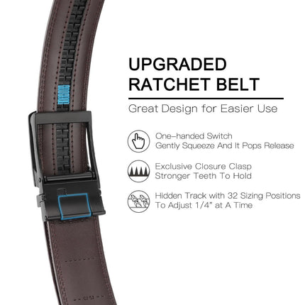 Ratchet Belt for Men Genuine Leather - Micro-Adjust Buckle Trim to Fit Dress Belt Casual to Formal Gift Boxed - Basic Black - Brown - Size 34"-40" Waist Adjustable