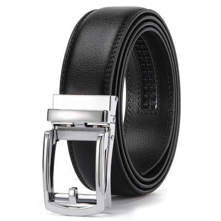 Ratchet Belt for Men Genuine Leather - Micro-Adjust Buckle Trim to Fit Dress Belt Casual to Formal Gift Boxed - Basic Silver - Black - Size 28"-44" Waist Adjustable