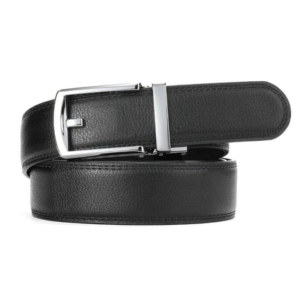 Ratchet Belt for Men Genuine Leather - Micro-Adjust Buckle Trim to Fit Dress Belt Casual to Formal Gift Boxed - Basic Silver - Black - Size 28"-44" Waist Adjustable