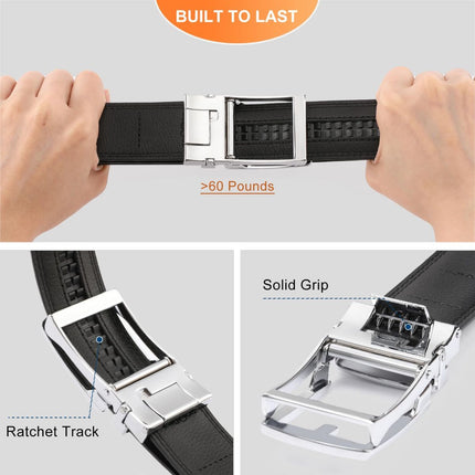 Ratchet Belt for Men Genuine Leather - Micro-Adjust Buckle Trim to Fit Dress Belt Casual to Formal Gift Boxed - Basic Silver - Black - Size 28"-44" Waist Adjustable