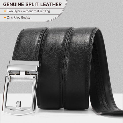 Ratchet Belt for Men Genuine Leather - Micro-Adjust Buckle Trim to Fit Dress Belt Casual to Formal Gift Boxed - Basic Silver - Black - Size 28"-44" Waist Adjustable