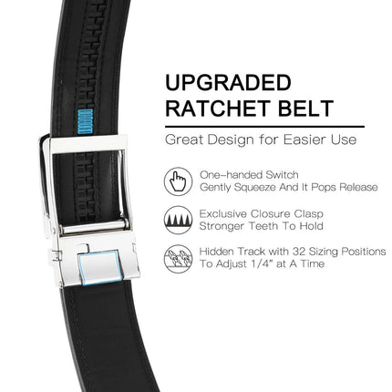 Ratchet Belt for Men Genuine Leather - Micro-Adjust Buckle Trim to Fit Dress Belt Casual to Formal Gift Boxed - Basic Silver - Black - Size 28"-44" Waist Adjustable
