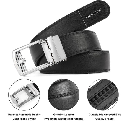 Ratchet Belt for Men Genuine Leather - Micro-Adjust Buckle Trim to Fit Dress Belt Casual to Formal Gift Boxed - Basic Silver - Black - Size 42"-50" Waist Adjustable
