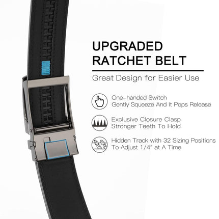 Ratchet Belt for Men Genuine Leather - Micro-Adjust Buckle Trim to Fit Dress Belt Casual to Formal Gift Boxed - Basic Gun - Black - Size 24"-28" Waist Adjustable