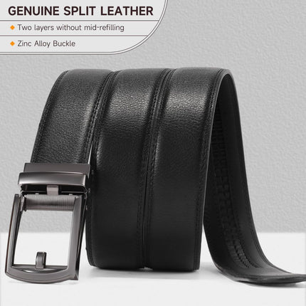 Ratchet Belt for Men Genuine Leather - Micro-Adjust Buckle Trim to Fit Dress Belt Casual to Formal Gift Boxed - Basic Gun - Black - Size 28"-44" Waist Adjustable