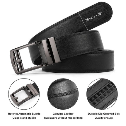 Ratchet Belt for Men Genuine Leather - Micro-Adjust Buckle Trim to Fit Dress Belt Casual to Formal Gift Boxed - Basic Gun - Black - Size 42"-50" Waist Adjustable