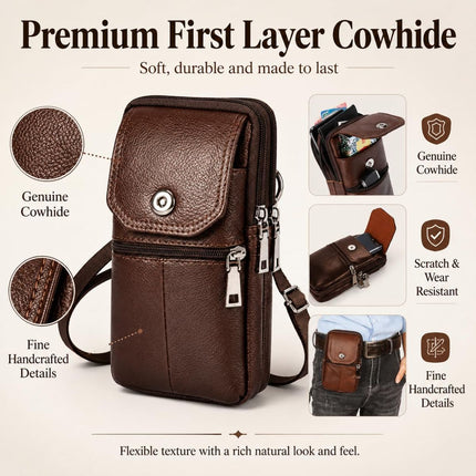 Leather Cigarette First Layer Cowhide Material Lighter Holder Leather Cigarette Case Stylus Belt Clip Case Crossbody Bag Wallet Purse Cell Phone Pouch - Brown - Size 19cm*11cm