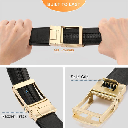 Ratchet Belt for Men Genuine Leather - Micro-Adjust Buckle Trim to Fit Dress Belt Casual to Formal Gift Boxed - Basic Gold - Black - Size 24"-28" Waist Adjustable