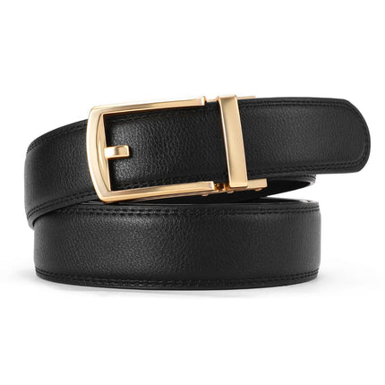 Ratchet Belt for Men Genuine Leather - Micro-Adjust Buckle Trim to Fit Dress Belt Casual to Formal Gift Boxed - Basic Gold - Black - Size 28"-44" Waist Adjustable