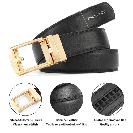 Ratchet Belt for Men Genuine Leather - Micro-Adjust Buckle Trim to Fit Dress Belt Casual to Formal Gift Boxed - Basic Gold - Black - Size 28"-44" Waist Adjustable
