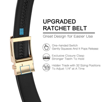 Ratchet Belt for Men Genuine Leather - Micro-Adjust Buckle Trim to Fit Dress Belt Casual to Formal Gift Boxed - Basic Gold - Black - Size 28"-44" Waist Adjustable