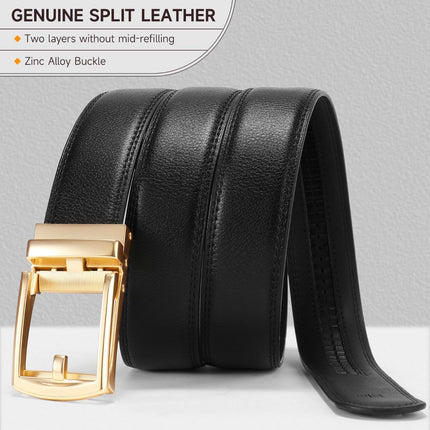 Ratchet Belt for Men Genuine Leather - Micro-Adjust Buckle Trim to Fit Dress Belt Casual to Formal Gift Boxed - Basic Gold - Black - Size 28"-44" Waist Adjustable