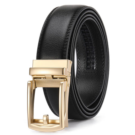 Ratchet Belt for Men Genuine Leather - Micro-Adjust Buckle Trim to Fit Dress Belt Casual to Formal Gift Boxed - Basic Gold - Black - Size 42"-50" Waist Adjustable