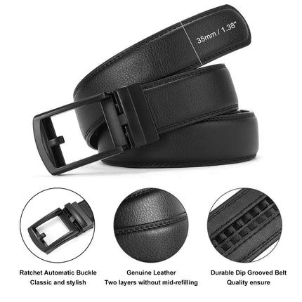 Ratchet Belt for Men Genuine Leather - Micro-Adjust Buckle Trim to Fit Dress Belt Casual to Formal Gift Boxed - Basic Black - Black - Size 24"-28" Waist Adjustable